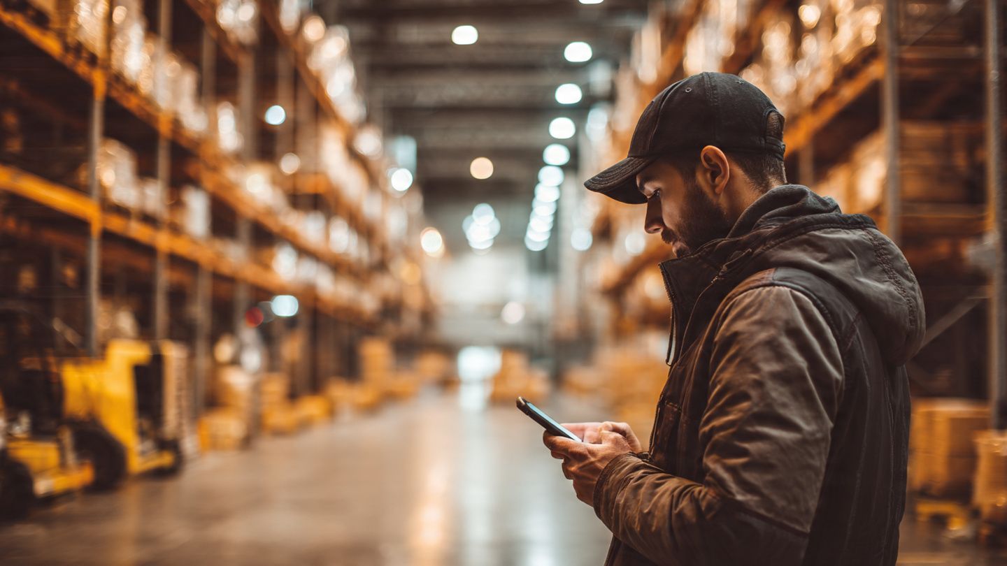 Entrepreneur reviewing shipping data on a smartphone inside a Guangzhou warehouse, industrial lighting, productivity-focused scene, emphasizing supply chain management