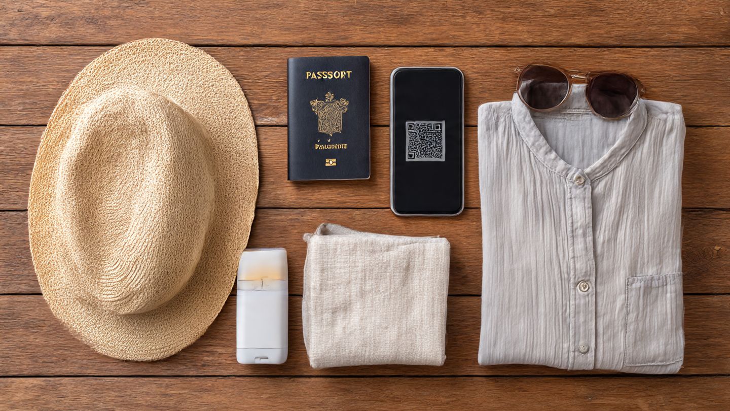 Flat-lay shot of Thailand travel essentials—passport, eSIM QR code on a smartphone, sunscreen, power bank, lightweight clothing—neatly arranged on a wooden table; bright, minimal, editorial style.