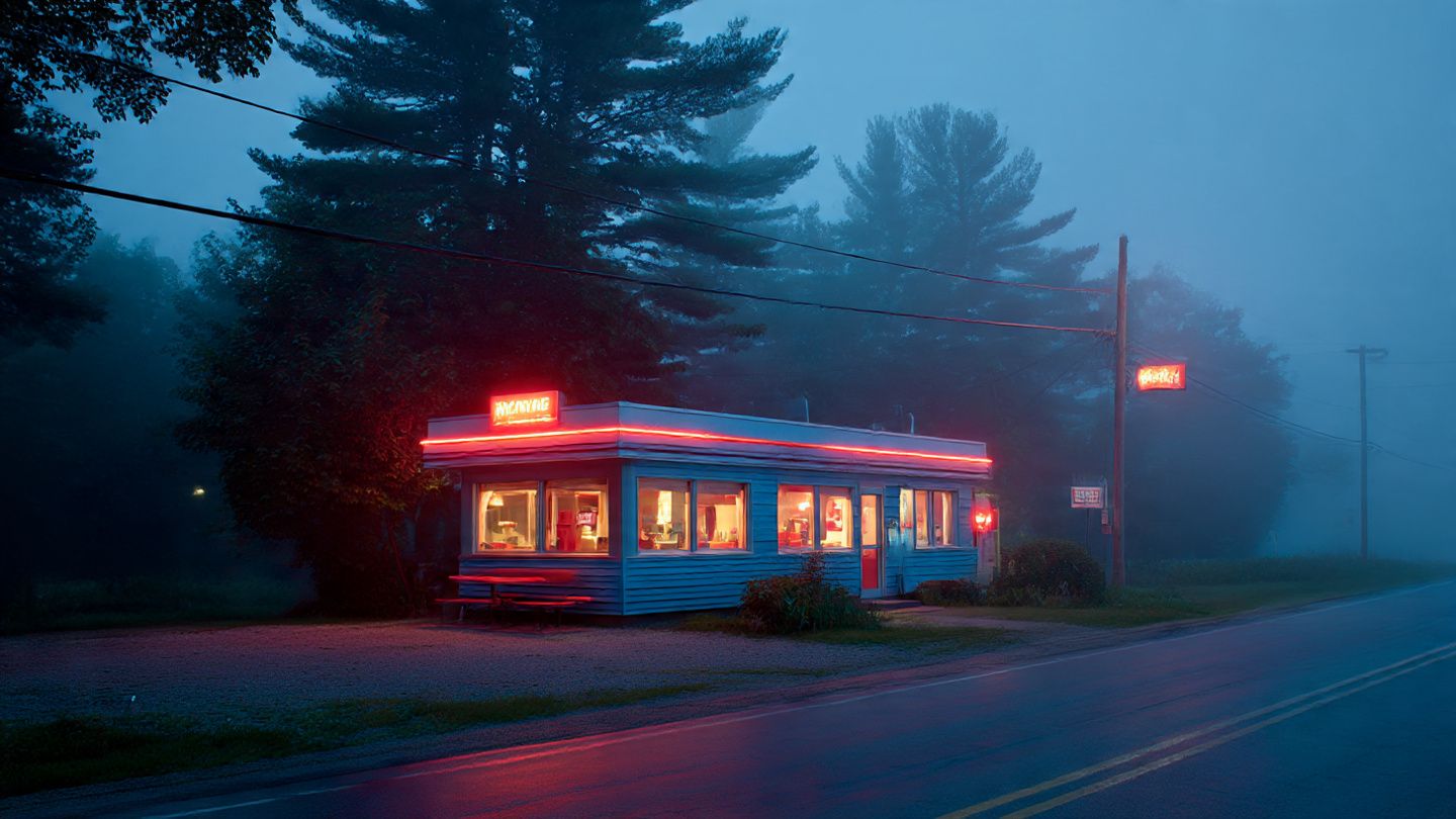 Foggy roadside diner in rural Maine with neon lights, twilight ambiance, cinematic horror mood, travel photography style; image illustrating a spooky Stephen King-themed travel stop
