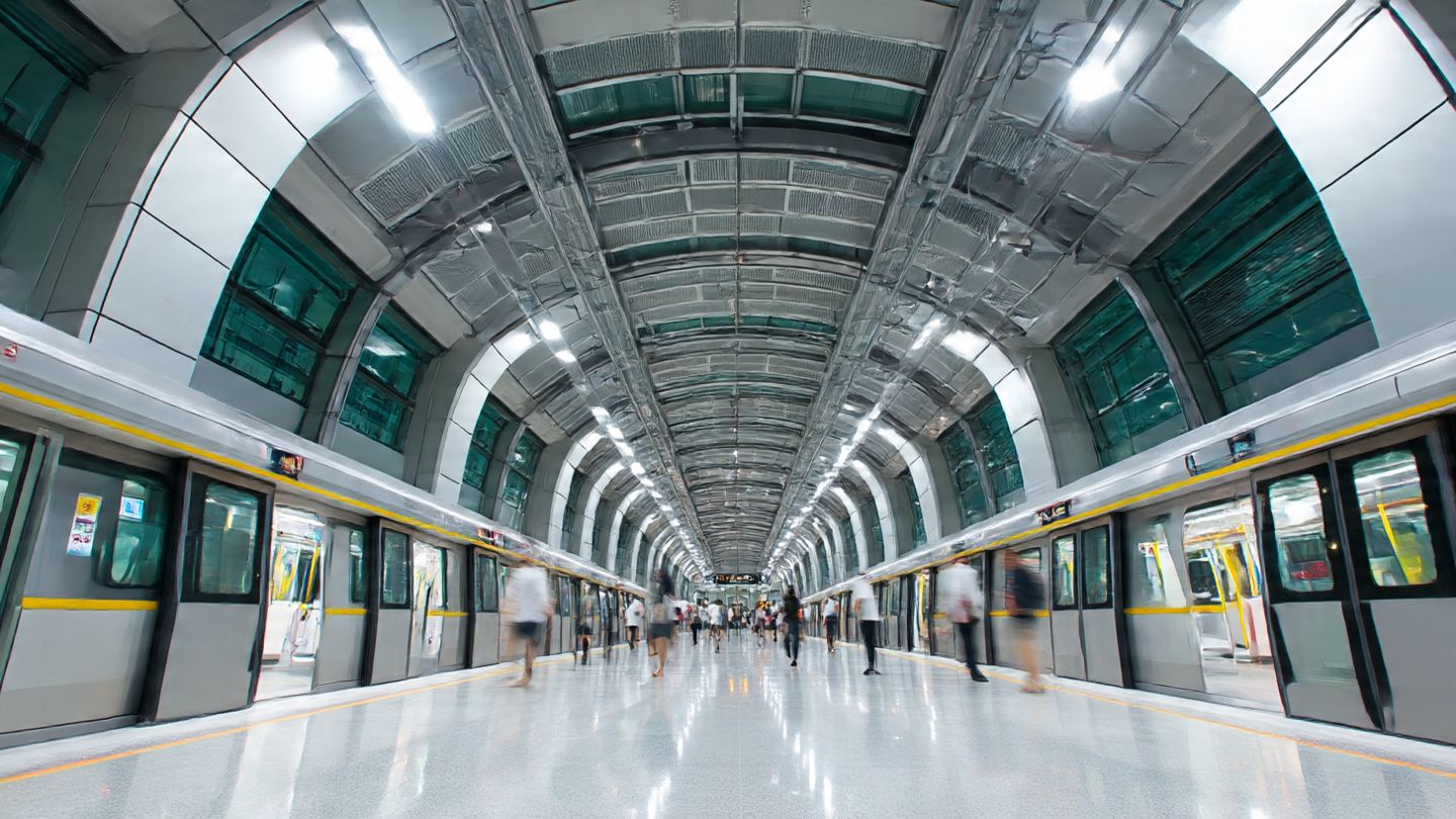 Futuristic Singapore MRT station interior with bright lighting, commuters in motion, sleek architecture; image meant to illustrate fast and reliable travel connectivity inside the city