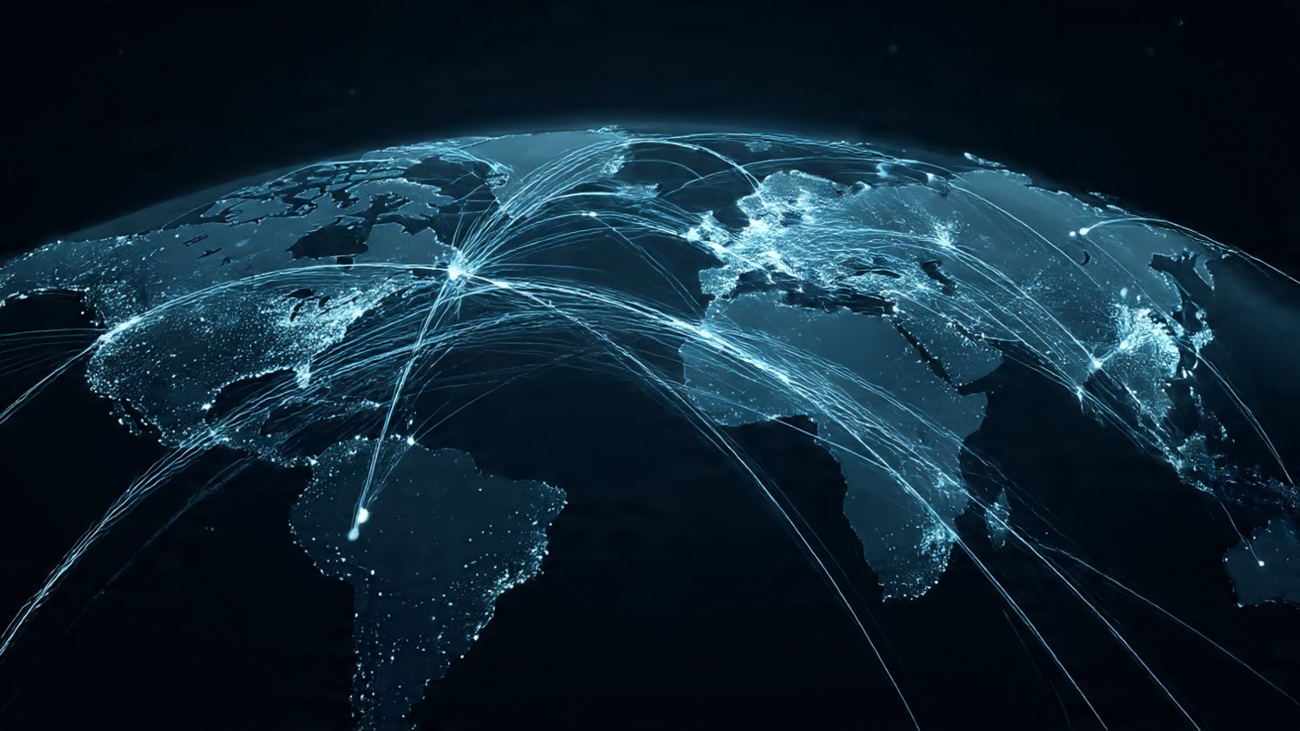 Global network diagram with satellites linking continents, travel-friendly aesthetic, designed for educational explanation of eSIM and roaming