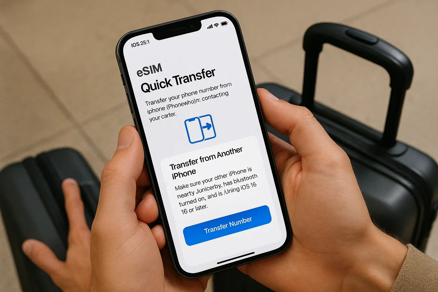 Close-up of iPhone screen showing iOS 26.1 eSIM quick transfer feature, traveler’s hands with suitcase nearby — crisp, modern, travel connectivity tone