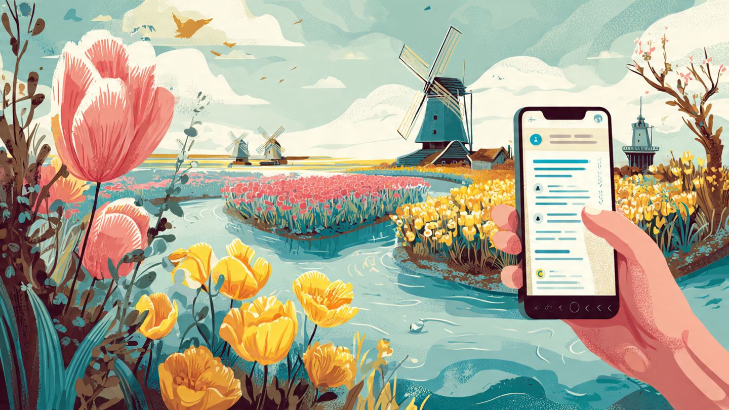 Illustration of a traveler’s phone showing eSIM activation steps, with Dutch tulip fields and windmills in the background; vibrant, educational, travel-tech visual