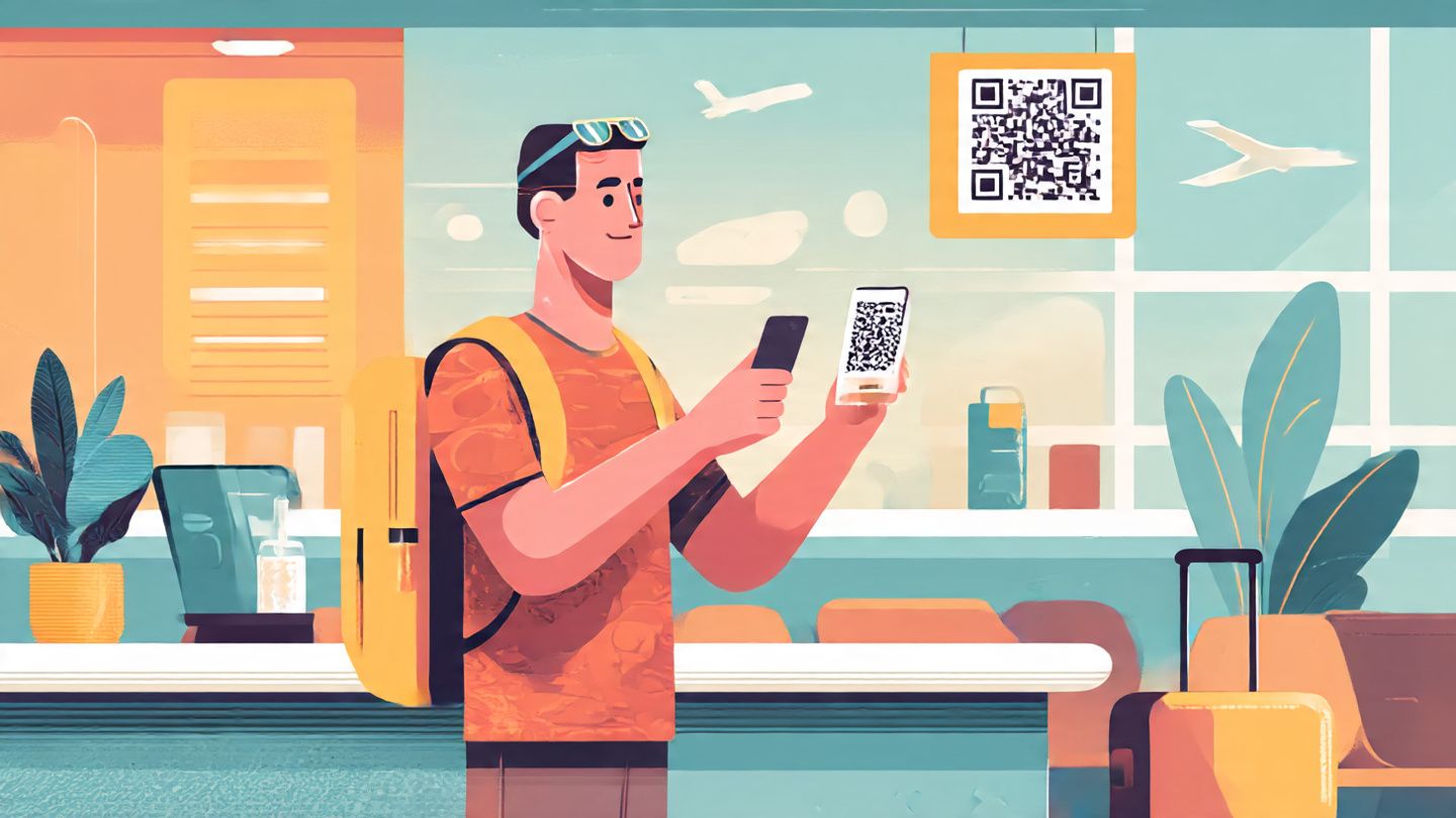 Illustration of traveler scanning QR code on smartphone to activate eSIM at airport lounge — modern tech travel vibe, instructional purpose