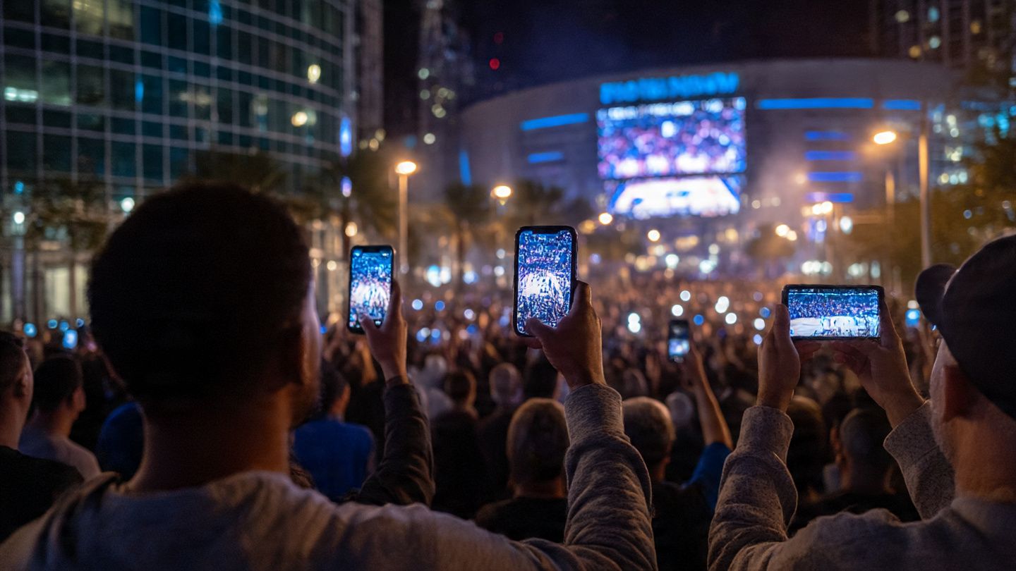 Image: NBA fans sharing game highlights on smartphones outside Orlando’s Amway Center; nighttime city lights and excitement; purpose: show seamless online sharing via eSIM connectivity.