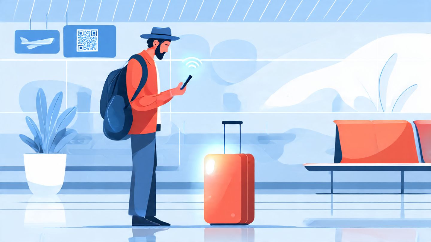 Image of traveler at Kansas City International Airport scanning QR code to activate eSIM, suitcase nearby, phone glowing; bright, tech-savvy travel scene; purpose: show easy eSIM setup for NFL fans