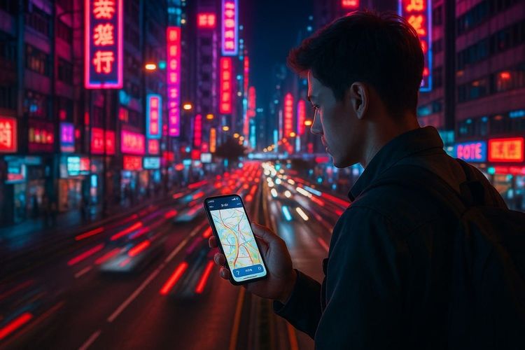 A traveler in Hong Kong checking live traffic apps on a smartphone overlooking busy city roads