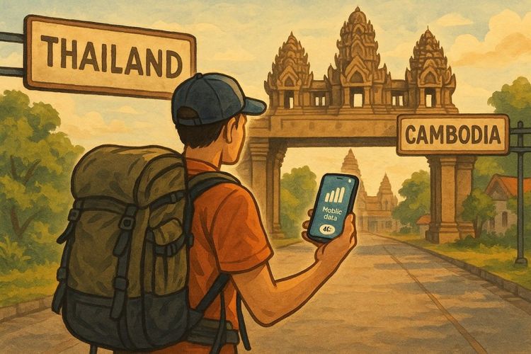 A traveler crossing the Thailand–Cambodia border with a backpack