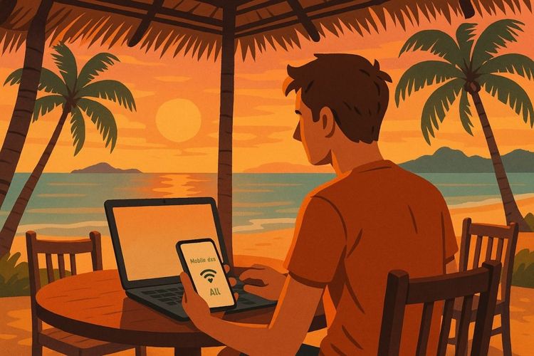 Digital nomad working on a laptop at a beachside café in Southeast Asia with a smartphone