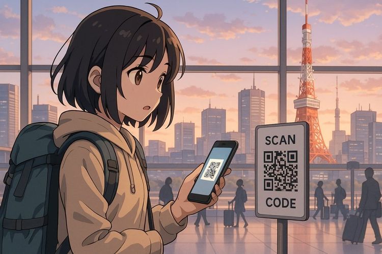 Traveler scanning QR code in airport with anime-style Tokyo background