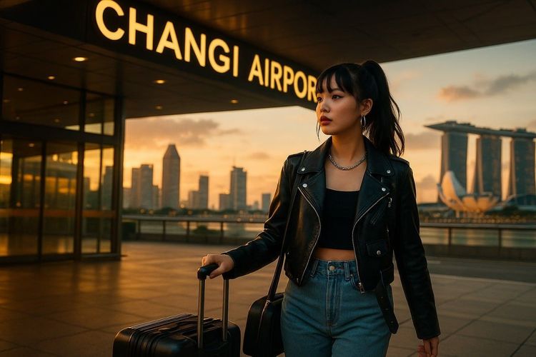 A stylish K-pop fan landing in Singapore’s Changi Airport