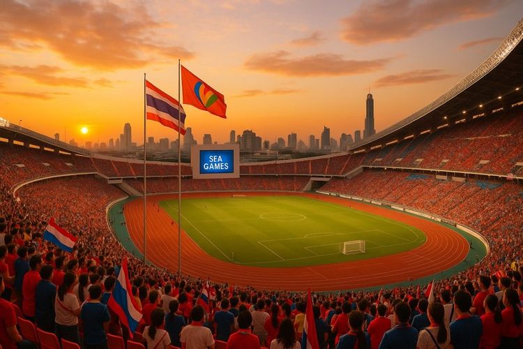 A vibrant stadium in Bangkok filled with SEA Games fans, shot at sunset