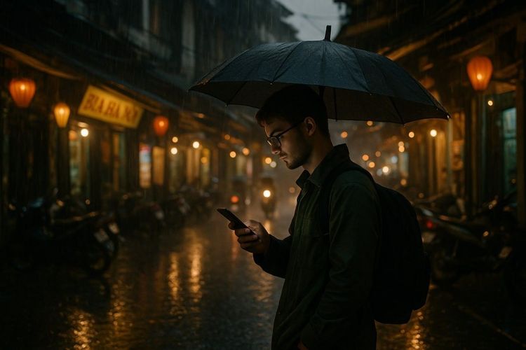 Monsoon streets of Hanoi with a traveler using a smartphone