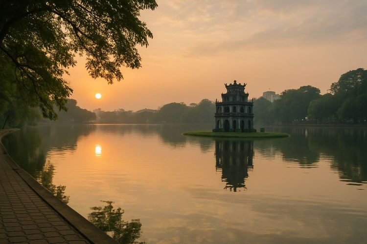 A peaceful sunrise over Hoan Kiem Lake in Hanoi, wide-angle travel photo, crisp details