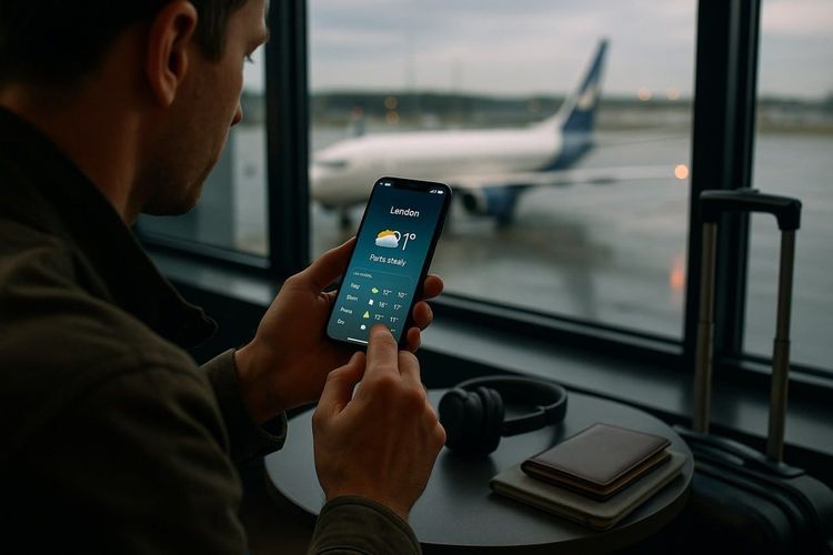 Traveler checking real-time weather forecast on a smartphone at an airport window