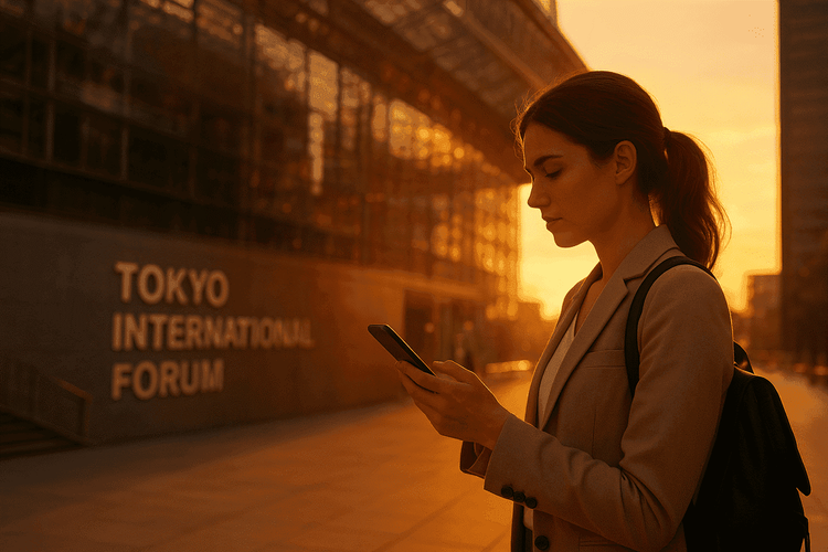 A traveler checking festival schedules on their phone outside Tokyo International Forum during sunset