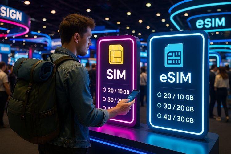An image of a traveler at a tech expo comparing SIM options