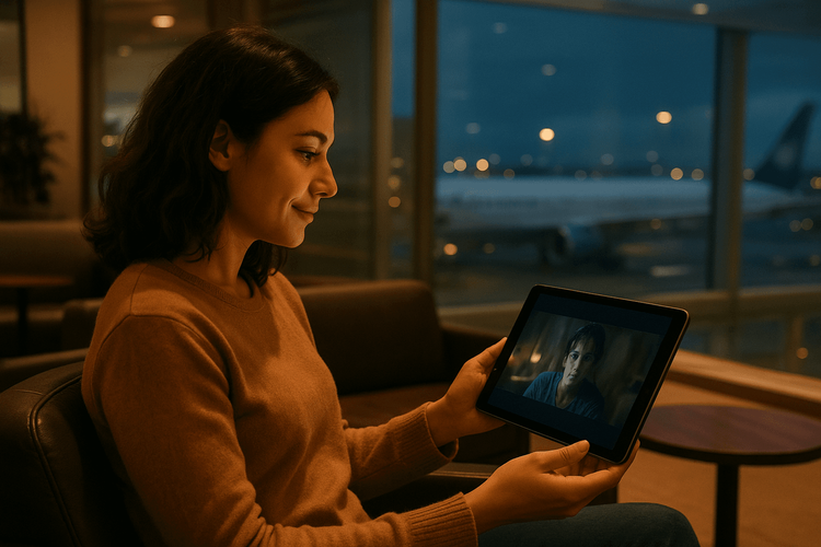 A traveler watching a movie on their tablet in an airport lounge, symbolizing travel entertainment freedom.