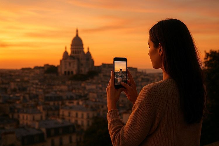 Traveler overlooking Montmartre at sunset with a smartphone