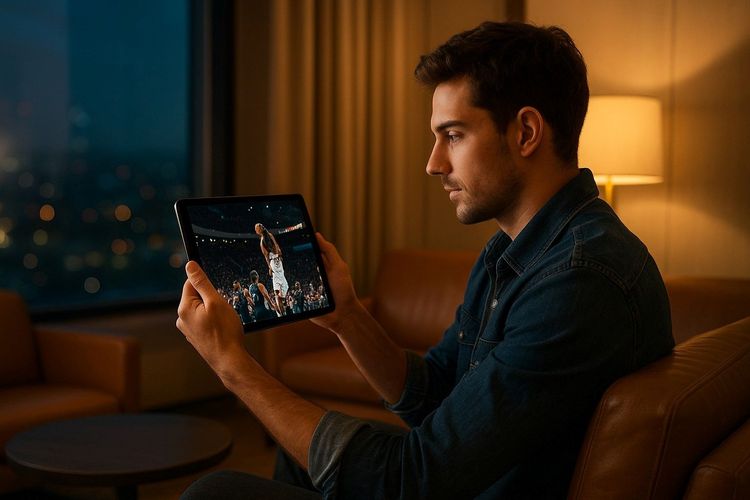 Traveler in a hotel lounge streaming an NBA game on a tablet using a fast eSIM connection