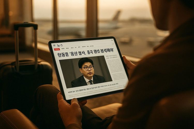 Traveler in airport lounge checking Korean political news on a tablet
