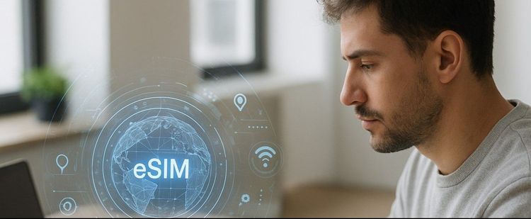 Close-up of a smartphone showing active global eSIM connection with futuristic tech overlay