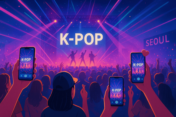 Illustration of K-pop fans at a Seoul concert using smartphones with eSIM connectivity