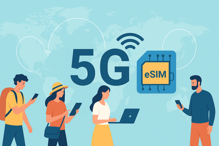 Flat digital illustration showing travelers connecting devices through 5G and eSIM technology across a world map