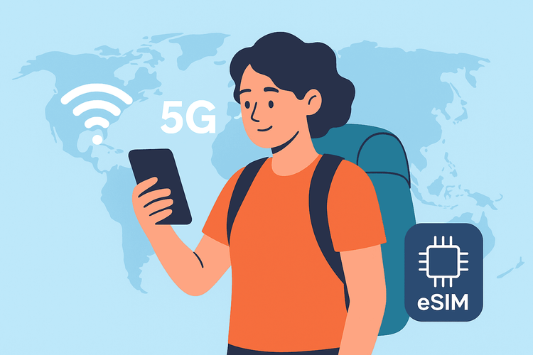 Flat digital illustration of a traveler streaming videos on a smartphone while abroad