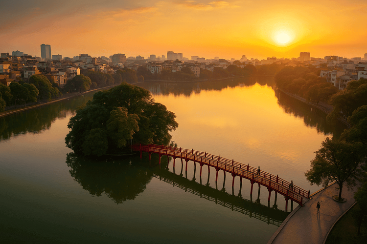 Aerial view of Hoan Kiem Lake at sunrise with joggers and Huc Bridge