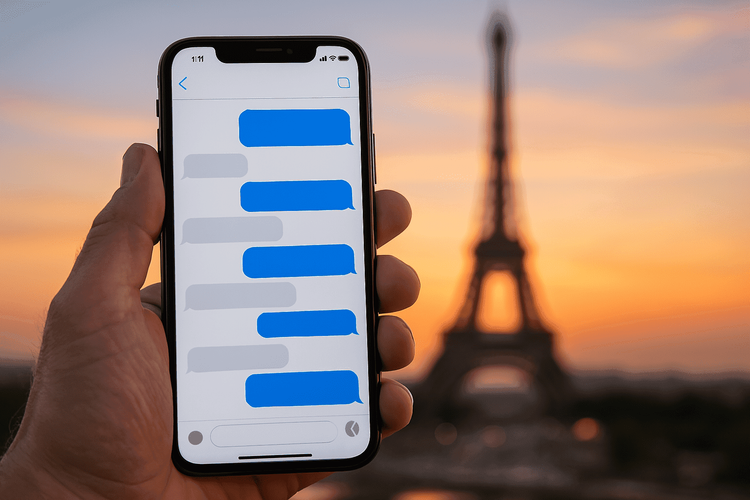 Smartphone displaying blue iMessage bubbles, hinting at international use