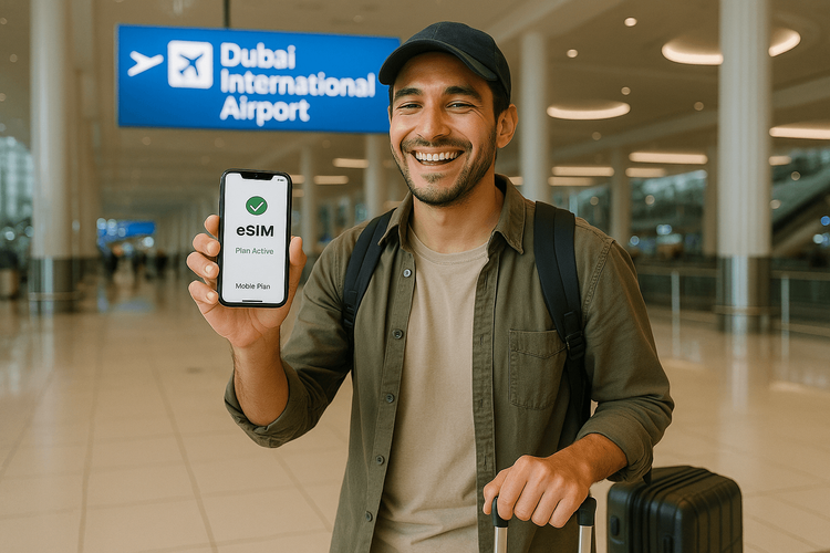 traveler with an esim in the dubai airport