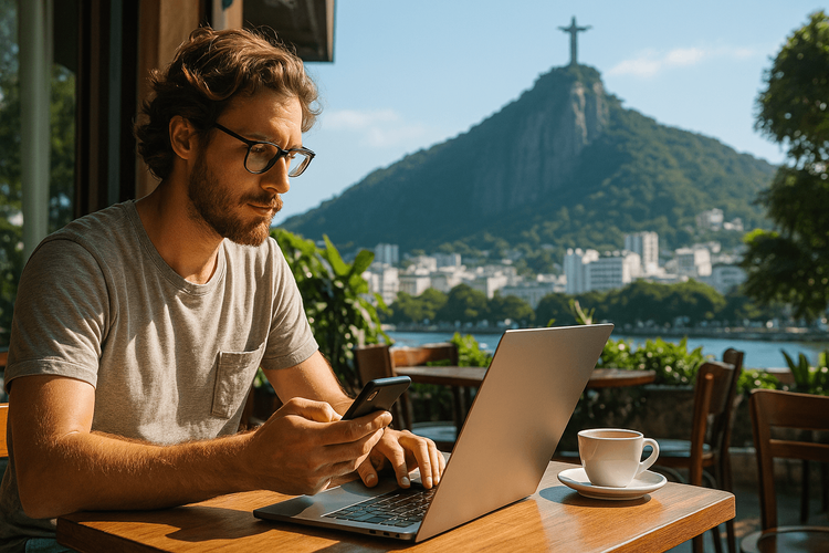 Digital nomad in Rio using laptop and smartphone