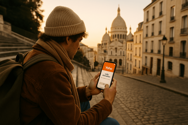 Traveler activating eSIM on phone at Sacré-Cœur steps, Montmartre, Paris)