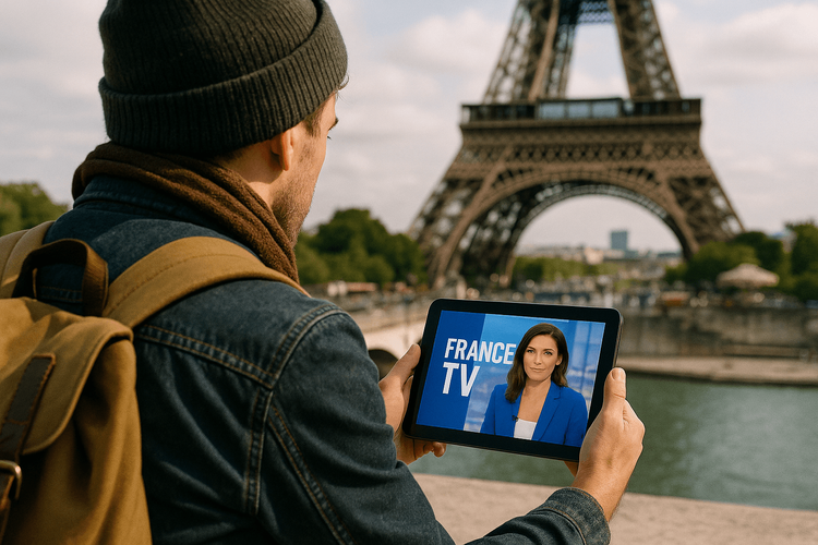 Traveler watching French TV on tablet with Eiffel Tower in the background