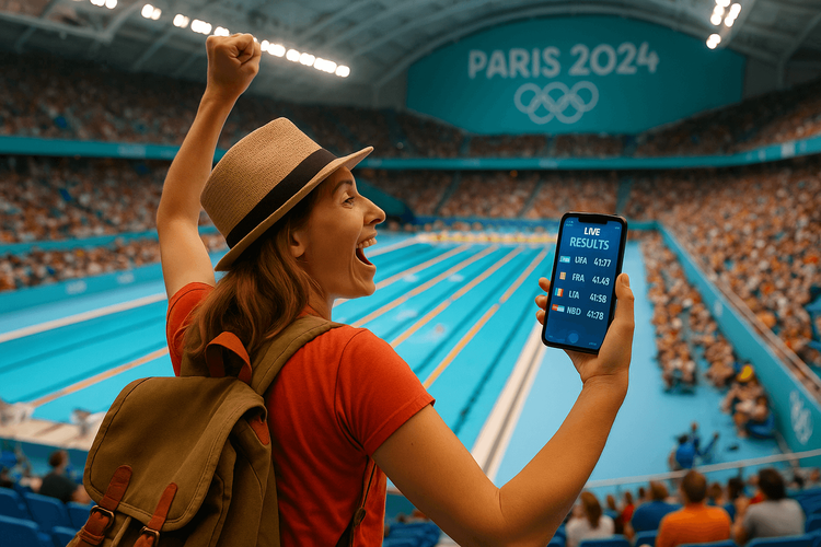 A traveler cheering at the Paris 2024 Olympic swimming arena, holding a smartphone displaying live results — bright, inspiring, travel-focused scene.
