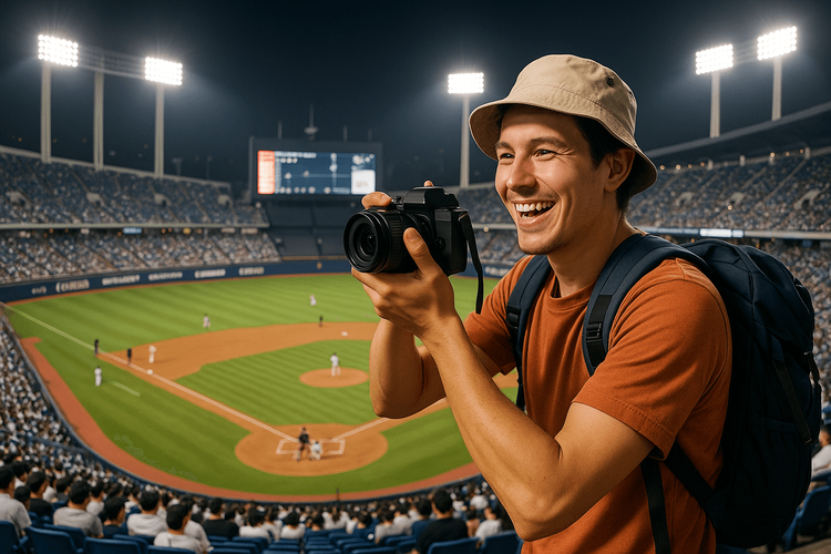 Happy traveler at Jamsil Baseball Stadium taking photos of a KBO game under bright night lights