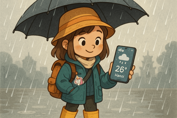 Traveler in Rainy Hanoi