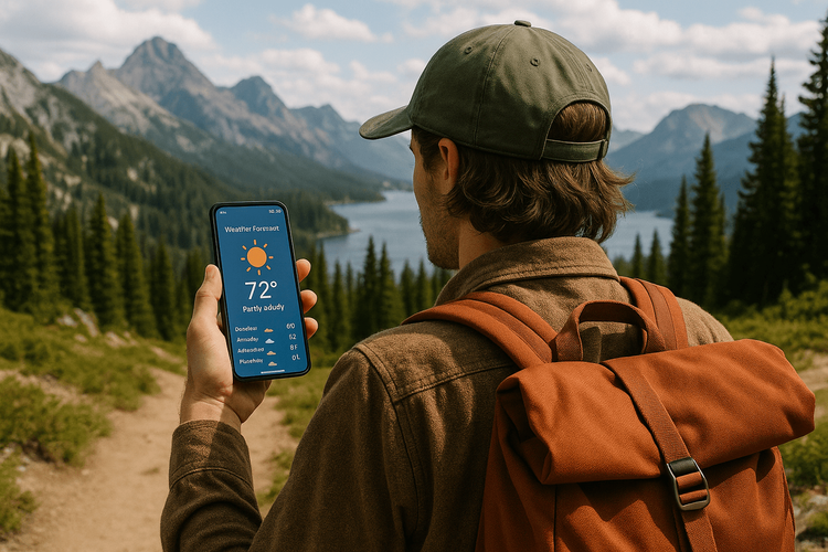 Traveler using phone for weather updates