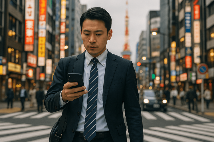 Business traveler in Tokyo using mobile data