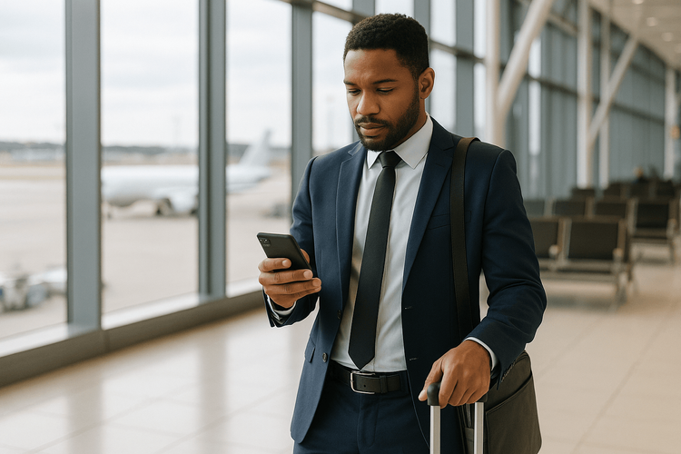 Business traveler using mobile data in an airport