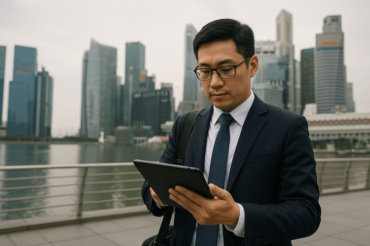 Business traveler using mobile data