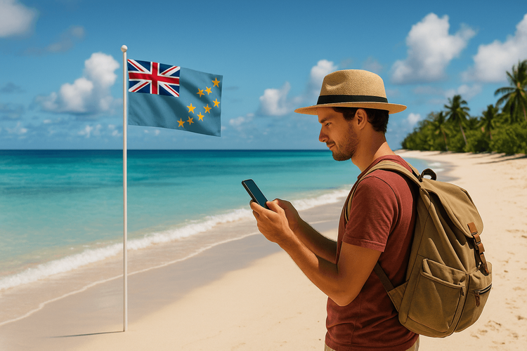 Tuvalu beach with mobile phone