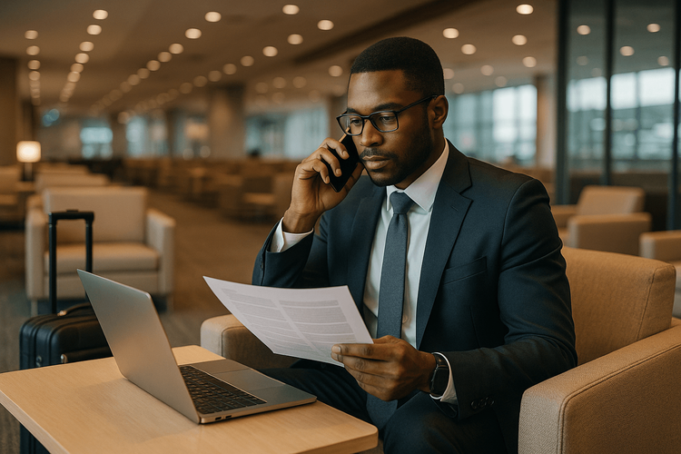 Business traveler in an airport lounge using a smartphone