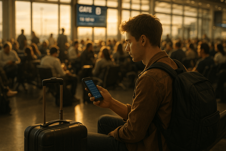 Traveler waiting at a crowded airport gate