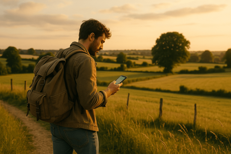 Traveler walking through rural Mayenne fields
