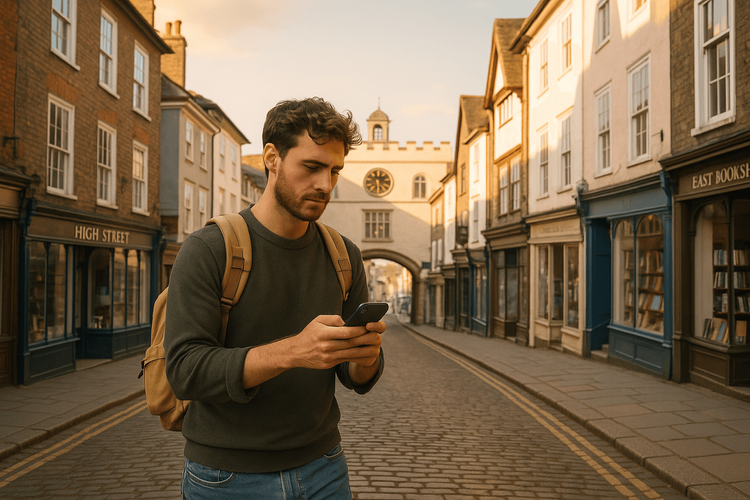 Traveler walking along Totnes High Street