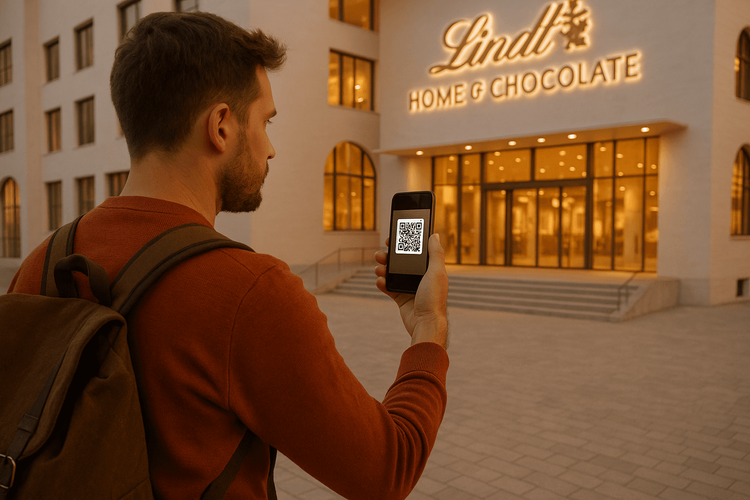 Traveler exploring a Swiss chocolate shop in Zurich