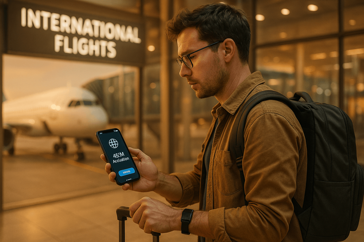 Traveler boarding an international flight