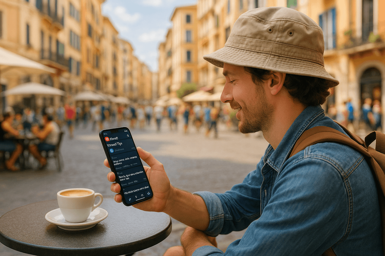 Traveler sitting at an outdoor café abroad